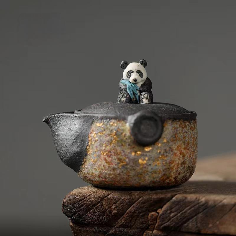 Gaoyue · Aged Rock-Mineral Panda Quick Pot | Handcrafted Mineral Glaze Teaware | Artistic Collectible with Oriental Charm