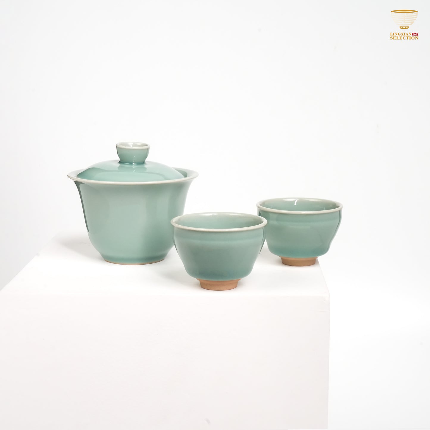 Jin Hongyang · Celadon Pink Blue Tea Set (3-Piece)|One Gaiwan & Two Cups · High-Fired Porcelain · Elegant Gift Box · Ideal for Gongfu Brewing