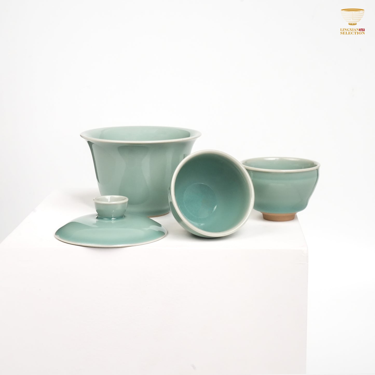 Jin Hongyang · Celadon Pink Blue Tea Set (3-Piece)|One Gaiwan & Two Cups · High-Fired Porcelain · Elegant Gift Box · Ideal for Gongfu Brewing