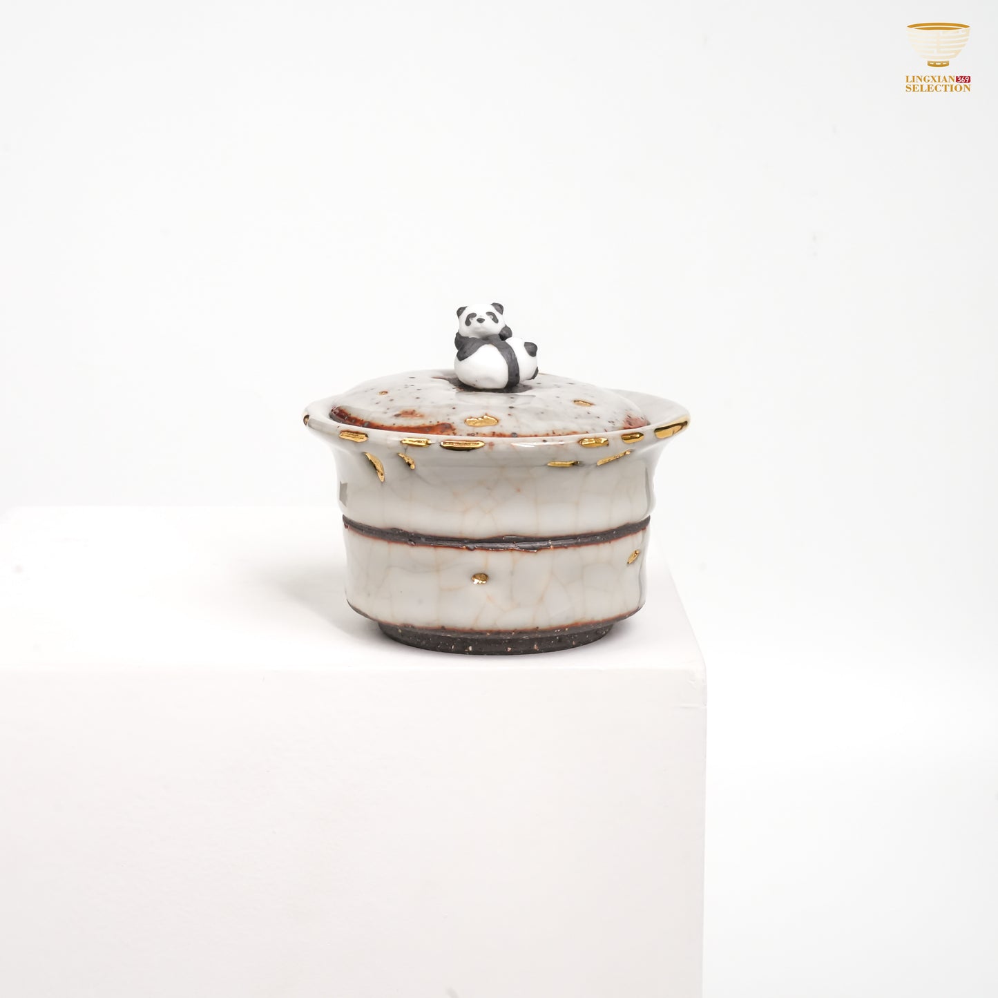 Gao Yue · Shino Ware Panda Bamboo-Form Gaiwan | Handmade Ceramic with Crackle Glaze & Gold Accents | Collectible Oriental Teaware Gift