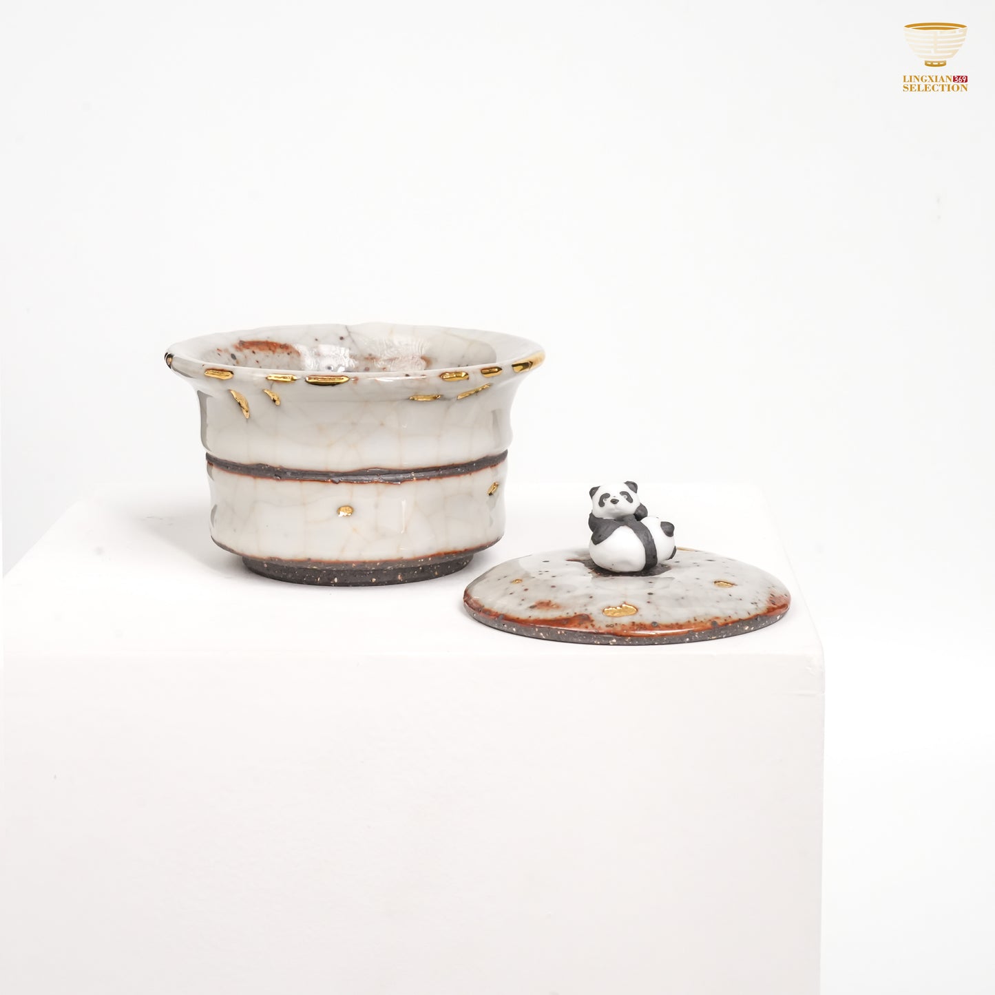 Gao Yue · Shino Ware Panda Bamboo-Form Gaiwan | Handmade Ceramic with Crackle Glaze & Gold Accents | Collectible Oriental Teaware Gift