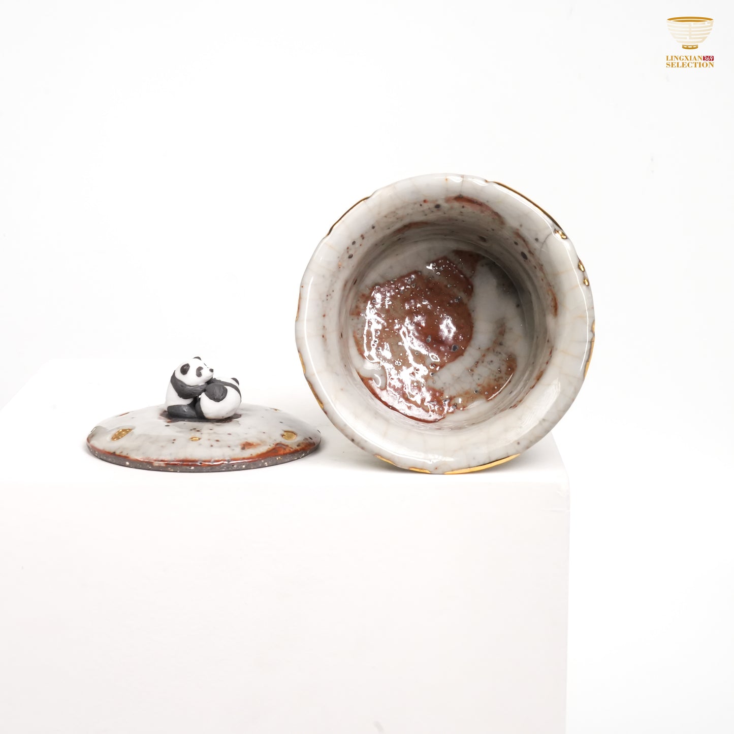 Gao Yue · Shino Ware Panda Bamboo-Form Gaiwan | Handmade Ceramic with Crackle Glaze & Gold Accents | Collectible Oriental Teaware Gift