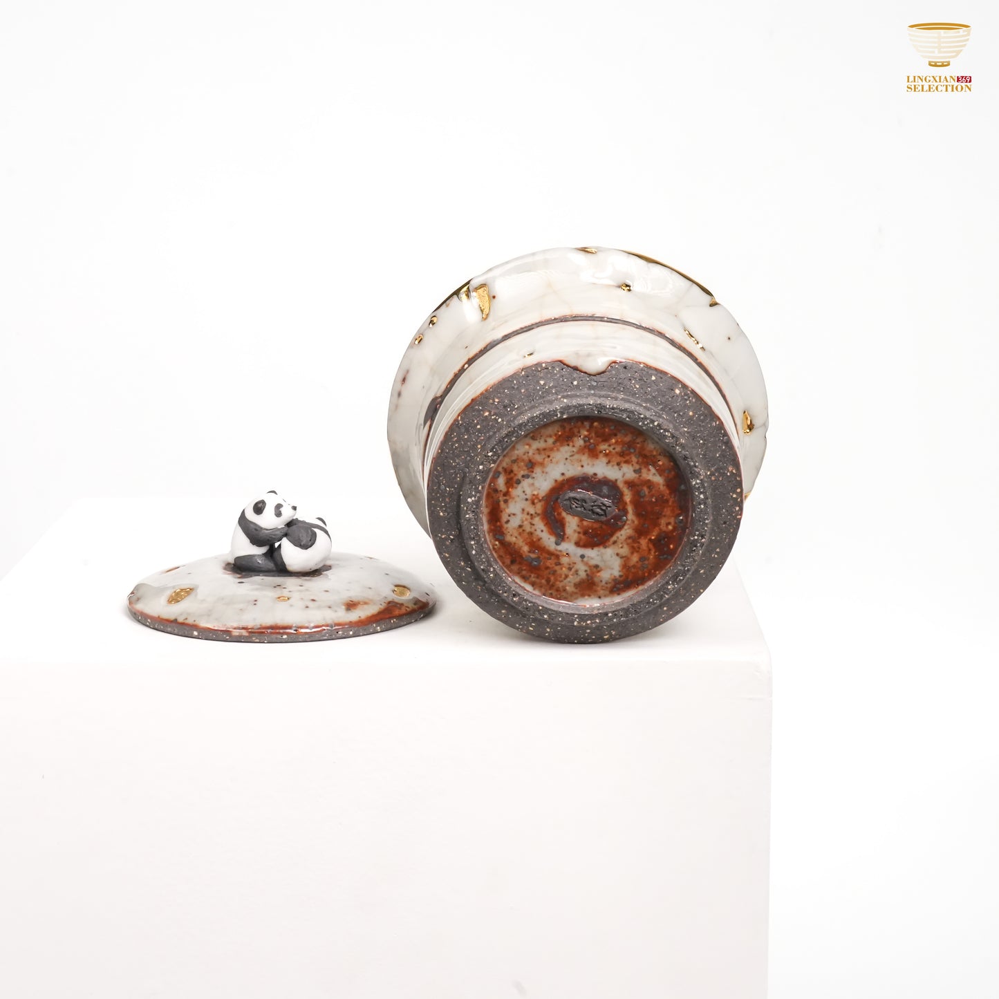 Gao Yue · Shino Ware Panda Bamboo-Form Gaiwan | Handmade Ceramic with Crackle Glaze & Gold Accents | Collectible Oriental Teaware Gift