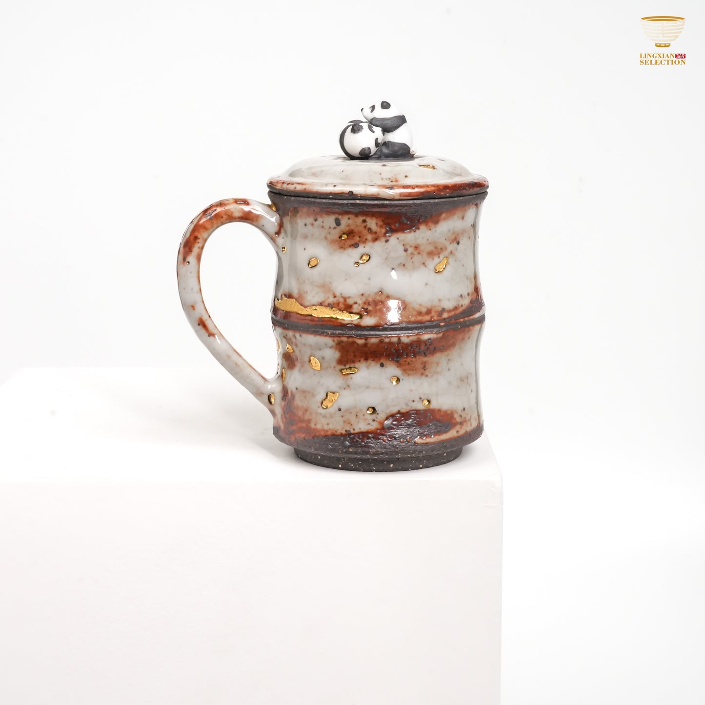 Gao Yue · Shino Ware Panda Bamboo-Form Mug | Handmade Ceramic with Crackle Glaze & Gold Accents | Collectible Oriental Teaware Gift