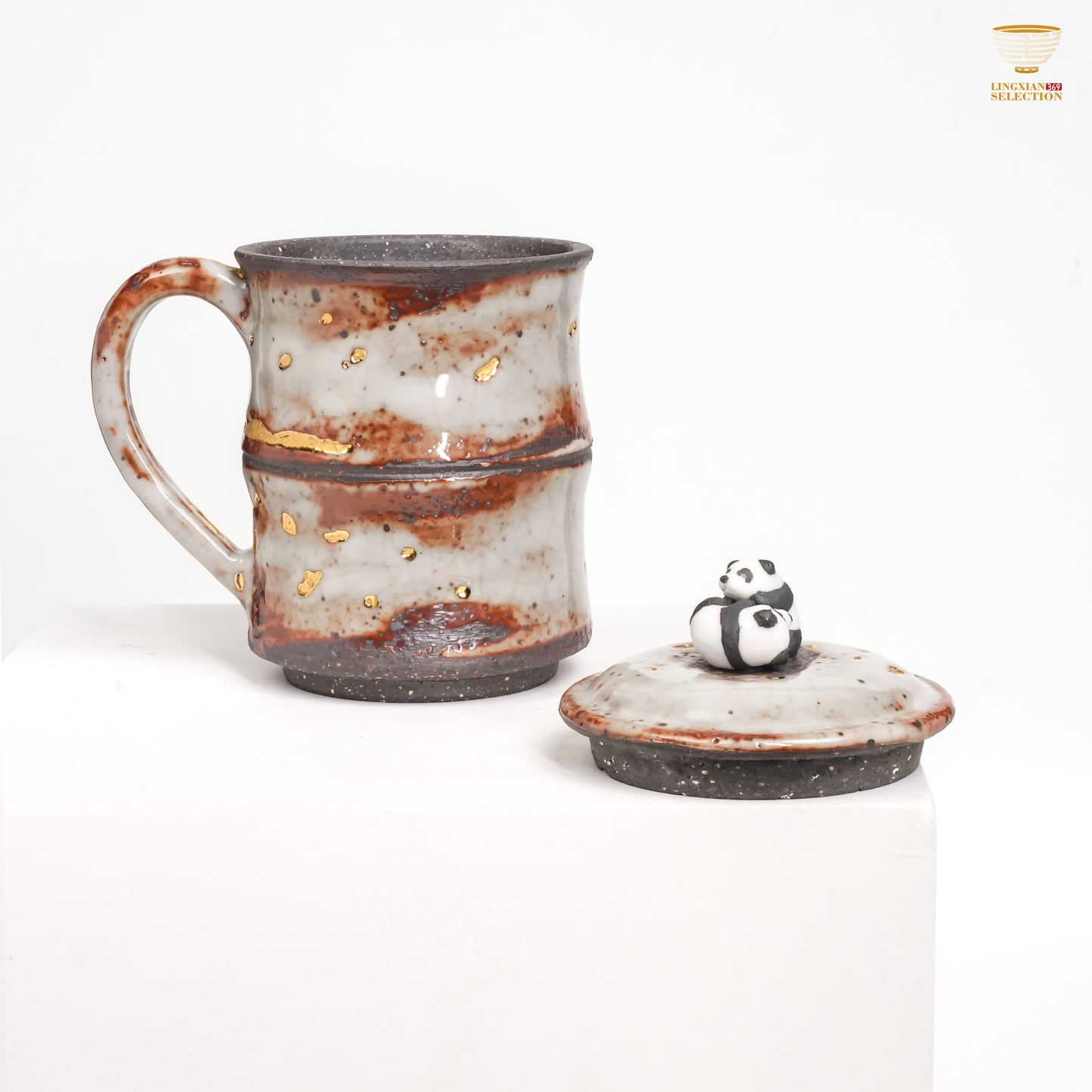 Gao Yue · Shino Ware Panda Bamboo-Form Mug | Handmade Ceramic with Crackle Glaze & Gold Accents | Collectible Oriental Teaware Gift