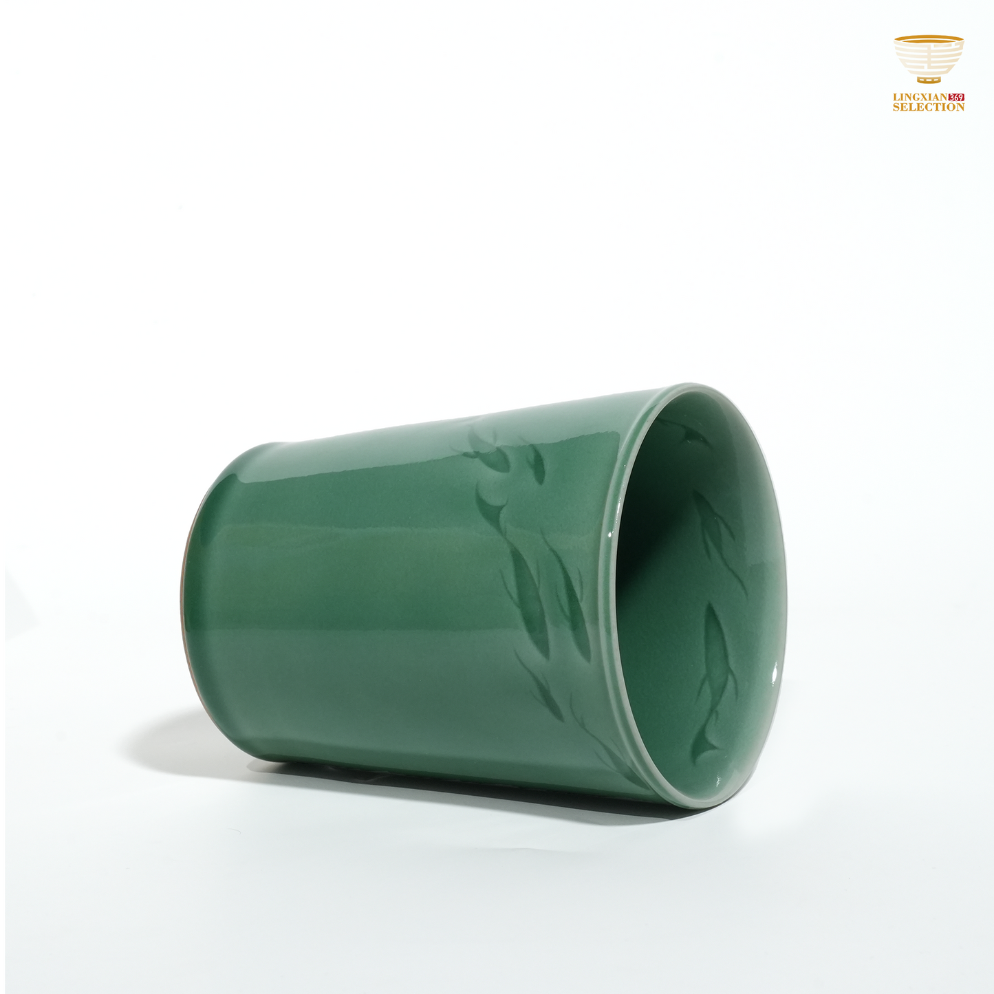 Liao Xinliang Big Fish & Begonia Plum-Green and Autumn Water Cola Cup | Celadon Art Ceramic Cup | Handmade · Symbol of Abundance & Prosperity