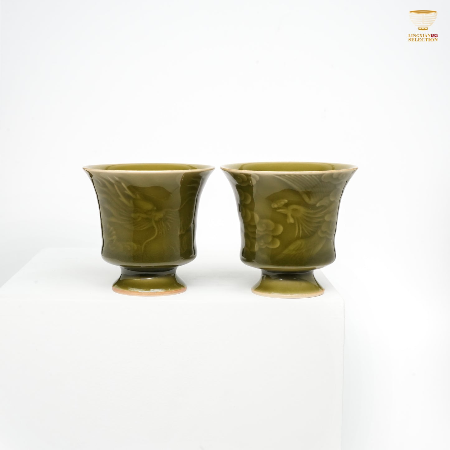Jin Hongyang · Celadon Plum-Green Dragon & Phoenix Cup Set|Imperial-Glazed Elegance · Auspicious Relief Carving · Paired Harmony · A Refined Gift for Couples