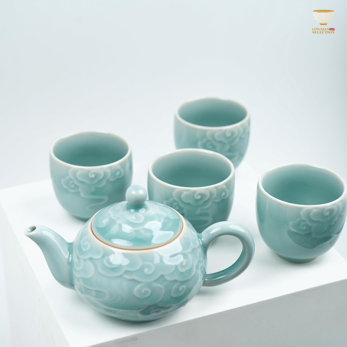 【Celadon Cloud Tea Set From Master Lei Huixian】 – Teapot with 4 Cups | Handcrafted High-fired Ceramic Gift Set | Chinese Kung Fu Teaware Collection