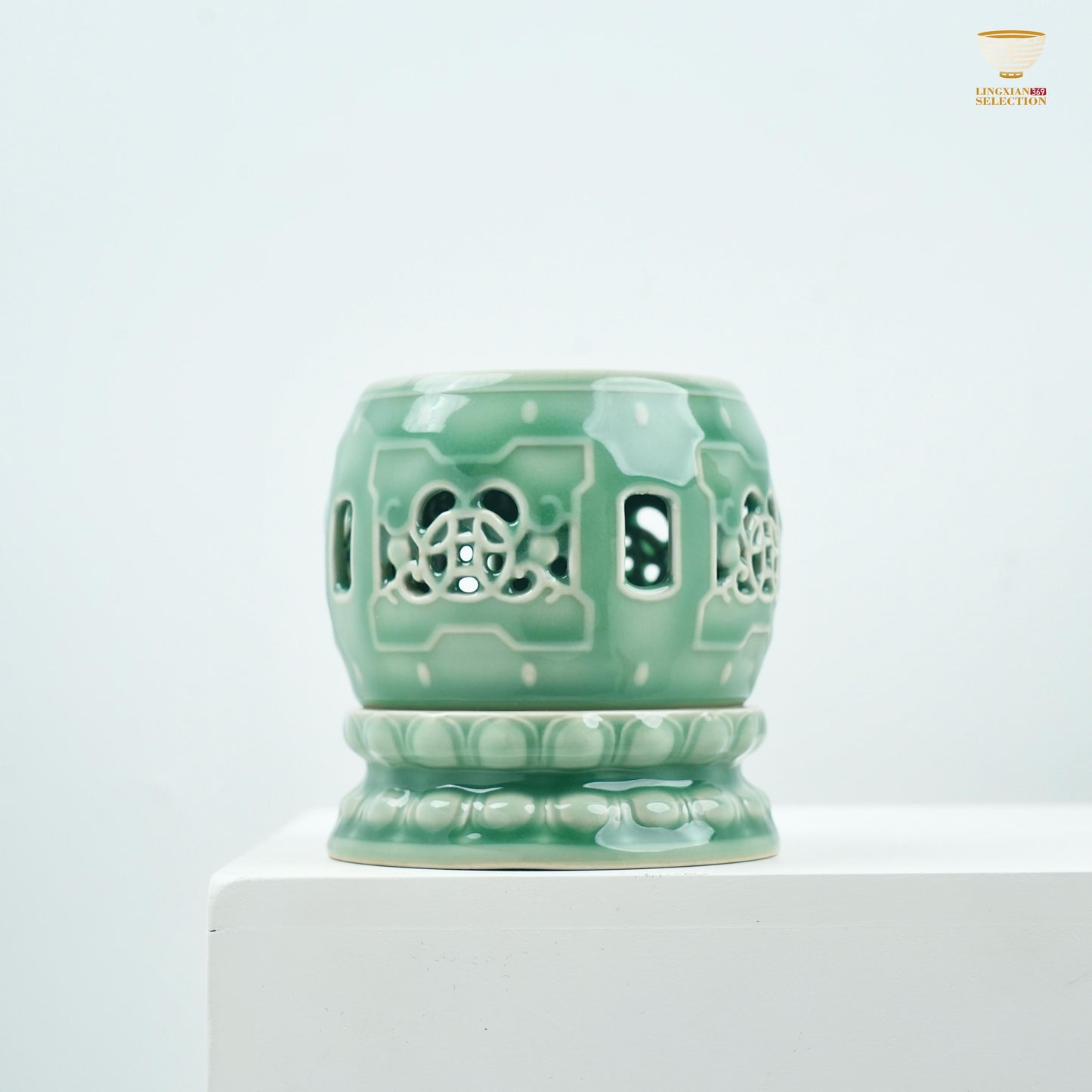 【Celadon Incense Burner From Lei Huixian】Celadon Hollowed Tea Stove Base | Handcrafted Pierced Lotus Design | Chinese Gongfu Tea Warmer Stand or Incense Holder