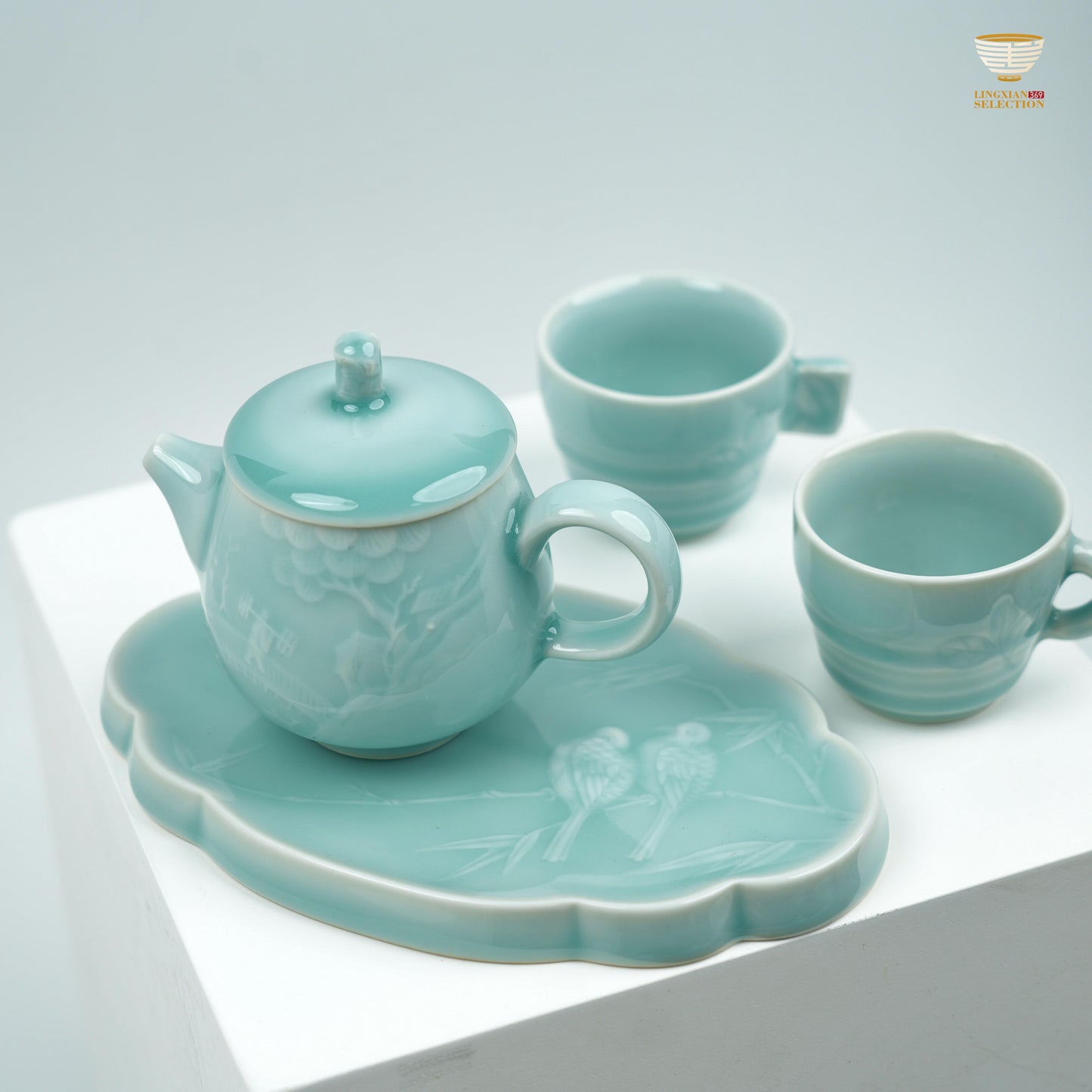 【Premium Celadon landscape Tea Set From Lei Huixian】 – Handcrafted Floral Engraved Teapot & Cups with Lotus Tray | Master Design Collectible Teaware for Gifting