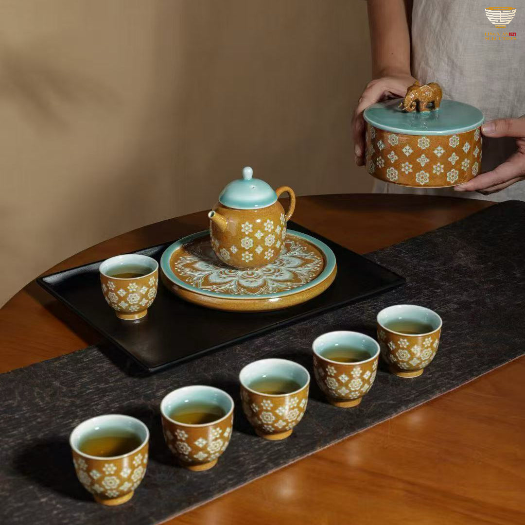 Lei Huixian · Gray Glaze Floral Tea Set | 1 Teapot, 1 Tea Caddy & 6 Cups | Handmade Ceramic Gongfu Set · Vintage Elegance · Perfect Tea Gift