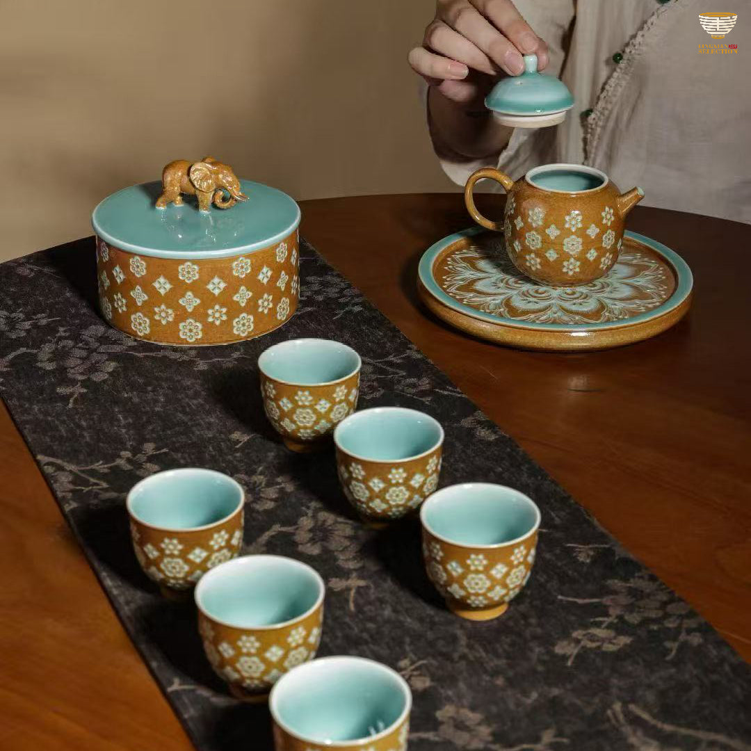 Lei Huixian · Gray Glaze Floral Tea Set | 1 Teapot, 1 Tea Caddy & 6 Cups | Handmade Ceramic Gongfu Set · Vintage Elegance · Perfect Tea Gift