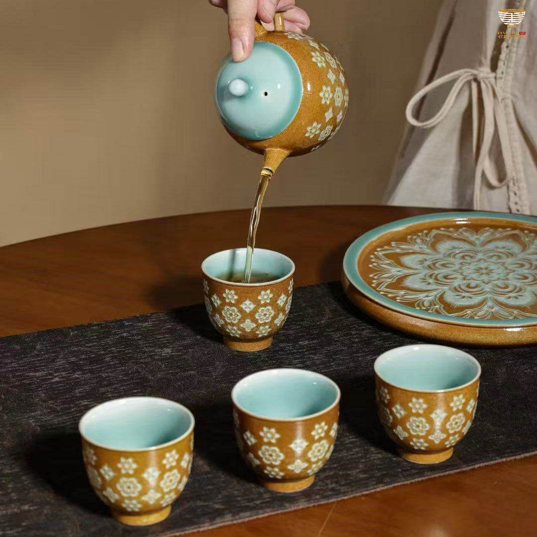 Lei Huixian · Gray Glaze Floral Tea Set | 1 Teapot, 1 Tea Caddy & 6 Cups | Handmade Ceramic Gongfu Set · Vintage Elegance · Perfect Tea Gift