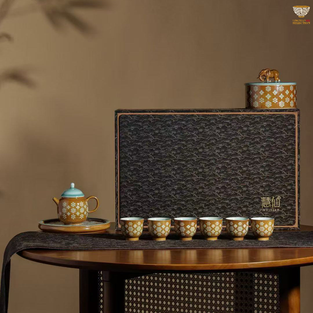 Lei Huixian · Gray Glaze Floral Tea Set | 1 Teapot, 1 Tea Caddy & 6 Cups | Handmade Ceramic Gongfu Set · Vintage Elegance · Perfect Tea Gift