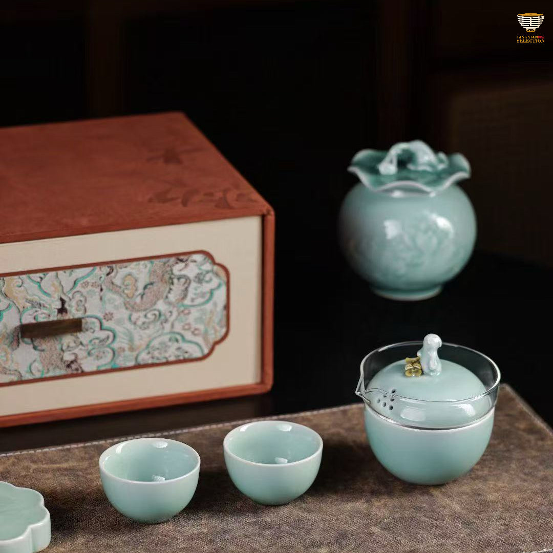 Lei Huixian · Mid-Autumn Tea Set | Celadon Cups ,Sahring cup,Lid-holder & Tea Jar with Gift Box · Elegant Handmade Ceramic Set for Festive Tea Ceremony & Gifting