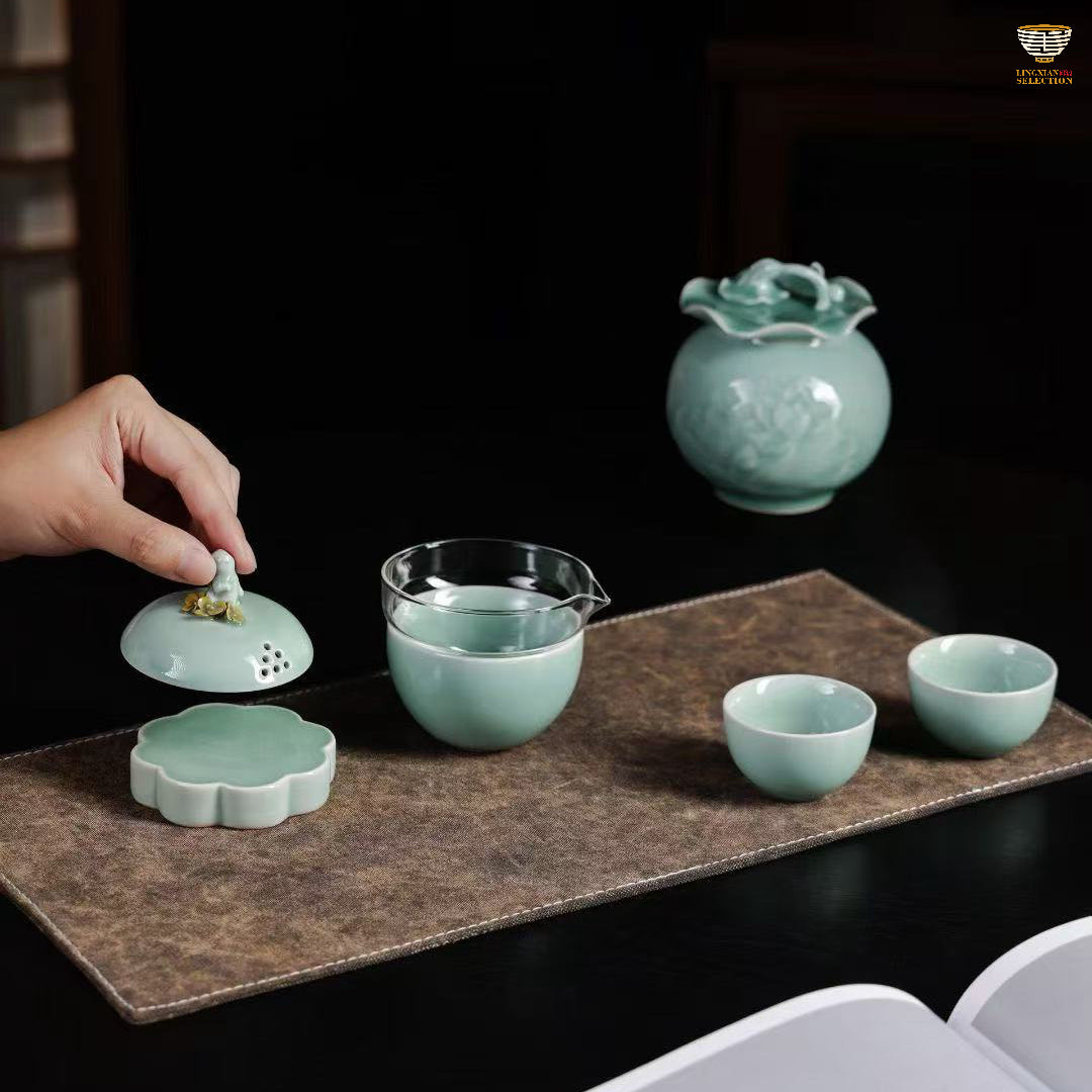 Lei Huixian · Mid-Autumn Tea Set | Celadon Cups ,Sahring cup,Lid-holder & Tea Jar with Gift Box · Elegant Handmade Ceramic Set for Festive Tea Ceremony & Gifting