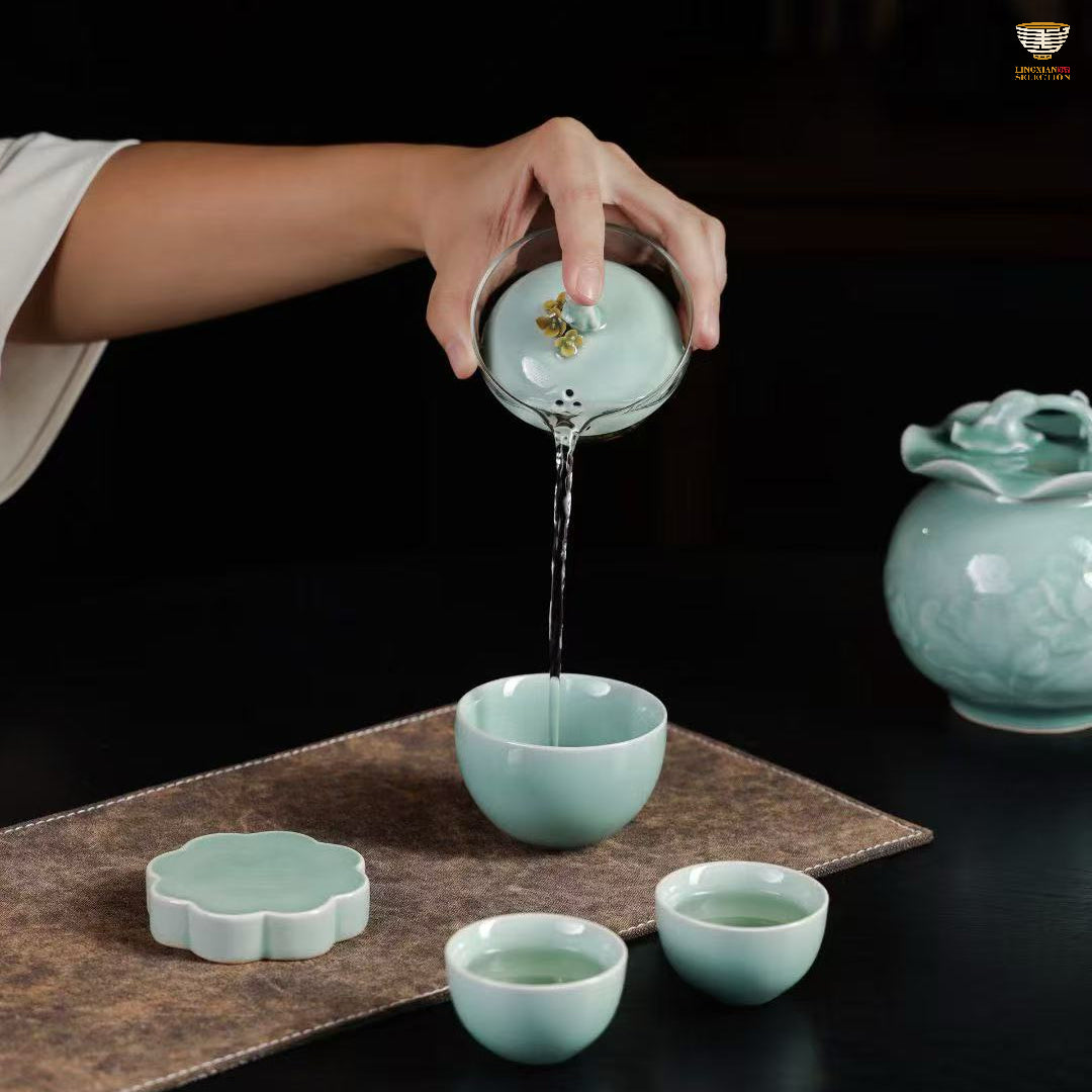 Lei Huixian · Mid-Autumn Tea Set | Celadon Cups ,Sahring cup,Lid-holder & Tea Jar with Gift Box · Elegant Handmade Ceramic Set for Festive Tea Ceremony & Gifting
