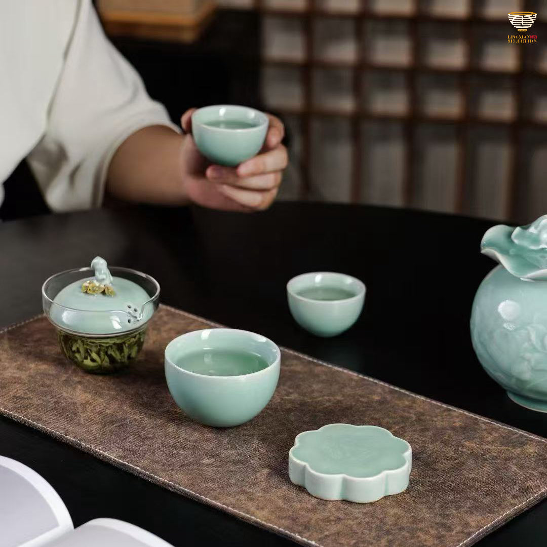 Lei Huixian · Mid-Autumn Tea Set | Celadon Cups ,Sahring cup,Lid-holder & Tea Jar with Gift Box · Elegant Handmade Ceramic Set for Festive Tea Ceremony & Gifting