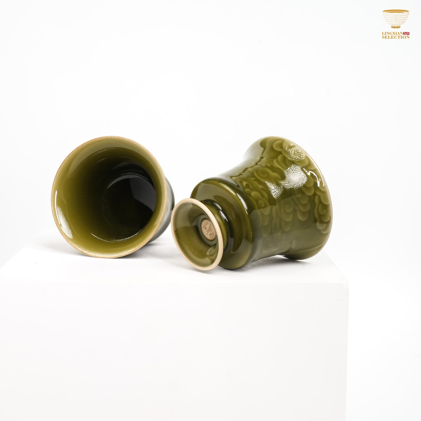 Jin Hongyang · Celadon Plum-Green Dragon & Phoenix Cup Set|Imperial-Glazed Elegance · Auspicious Relief Carving · Paired Harmony · A Refined Gift for Couples