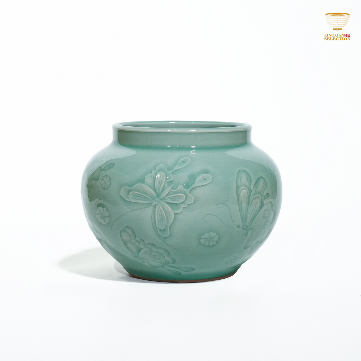 Liao Xinliang Butterfly Wash-Tank | Celadon Relief Art T Ware | Hand-Carved Butterfly Motif · Elegant Tea Rinse Bowl