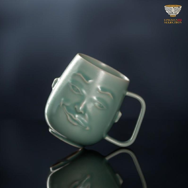 【LINGXIAN Selection 3D Face Relief Ceramic Mug by Tu Renzhai】 – Creative Expression Cup with Humorous Character Design, Unique Gift Boxed Tea/Coffee Cup for Home & Office