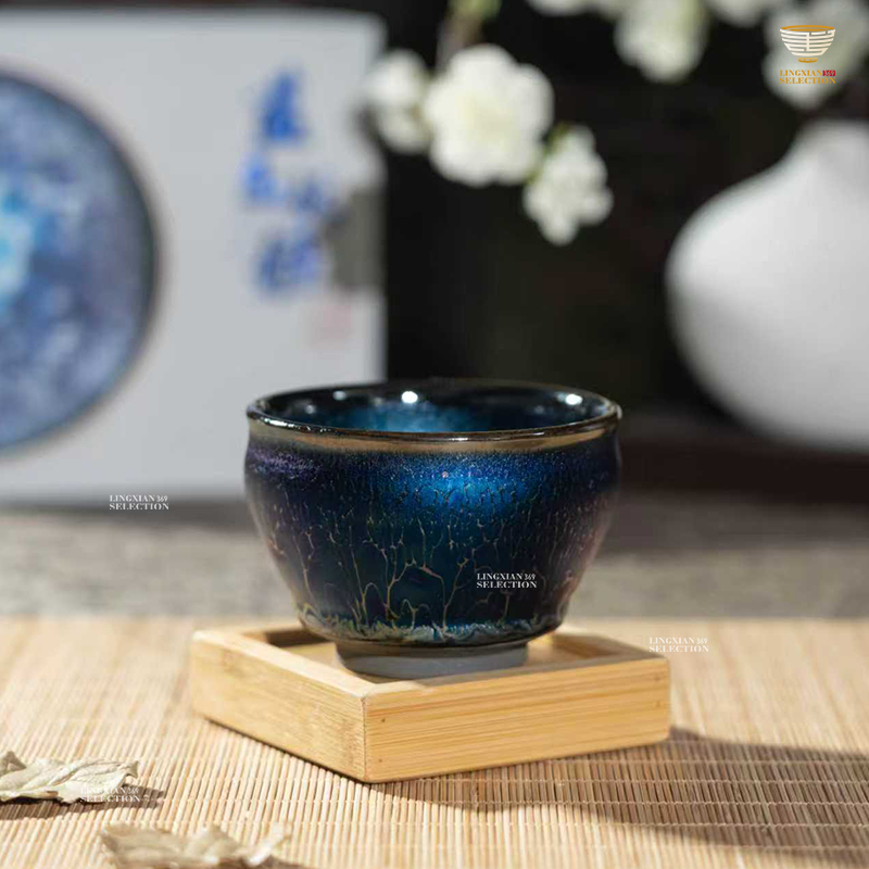 【Blue Elf Cups Zun Shape - Master Chen Huizhong's representative works】 Jianzhan Tea Cup – Handmade Tenmoku Glaze, Blue Crystal Dragon Scale Pattern, Traditional Chinese Ceramic Gift for Gongfu Tea Lovers, Collectible with Gift Box