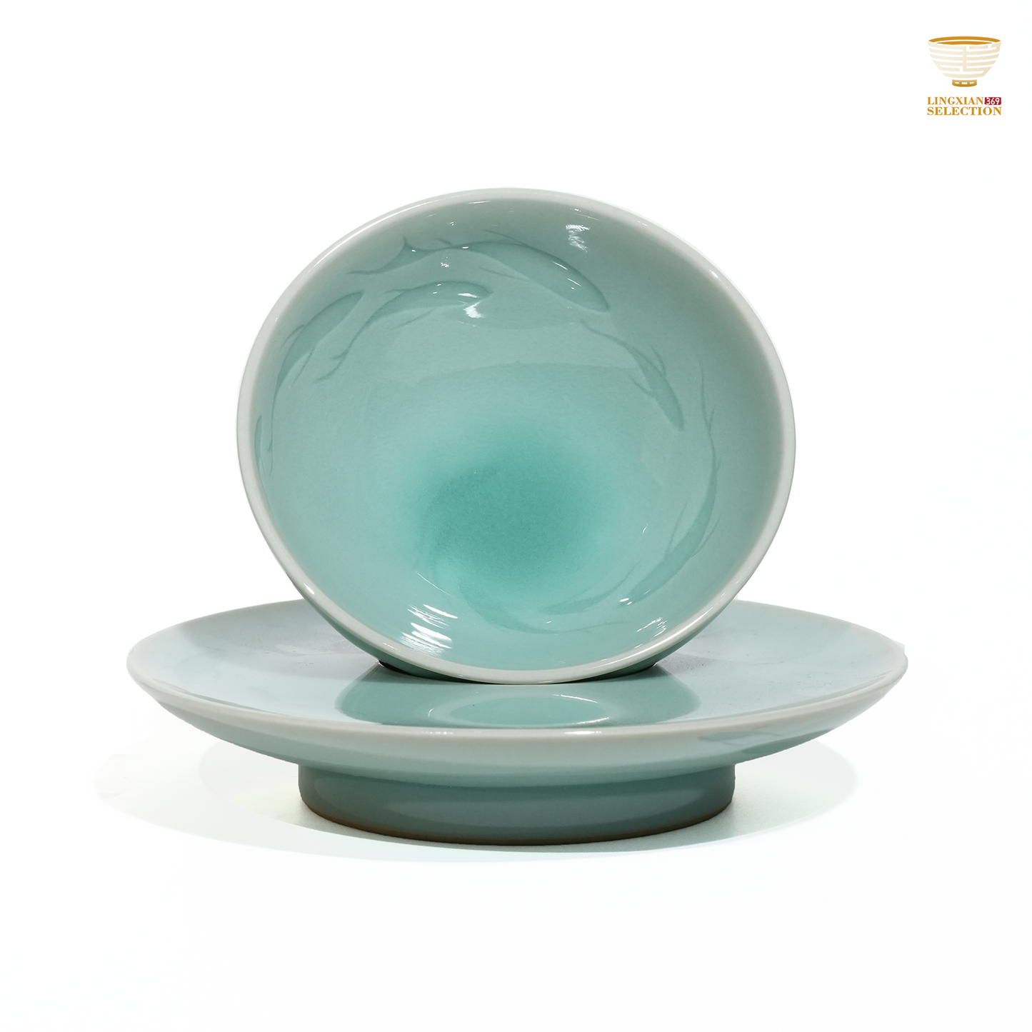 Liao Xinliang Big Fish & Begonia Autumn Water , Pink Blue Cup and Saucer Set | Celadon Art T Ware | Handcrafted Leaping Fish & Begonia Design · Symbol of Prosperity and Harmony
