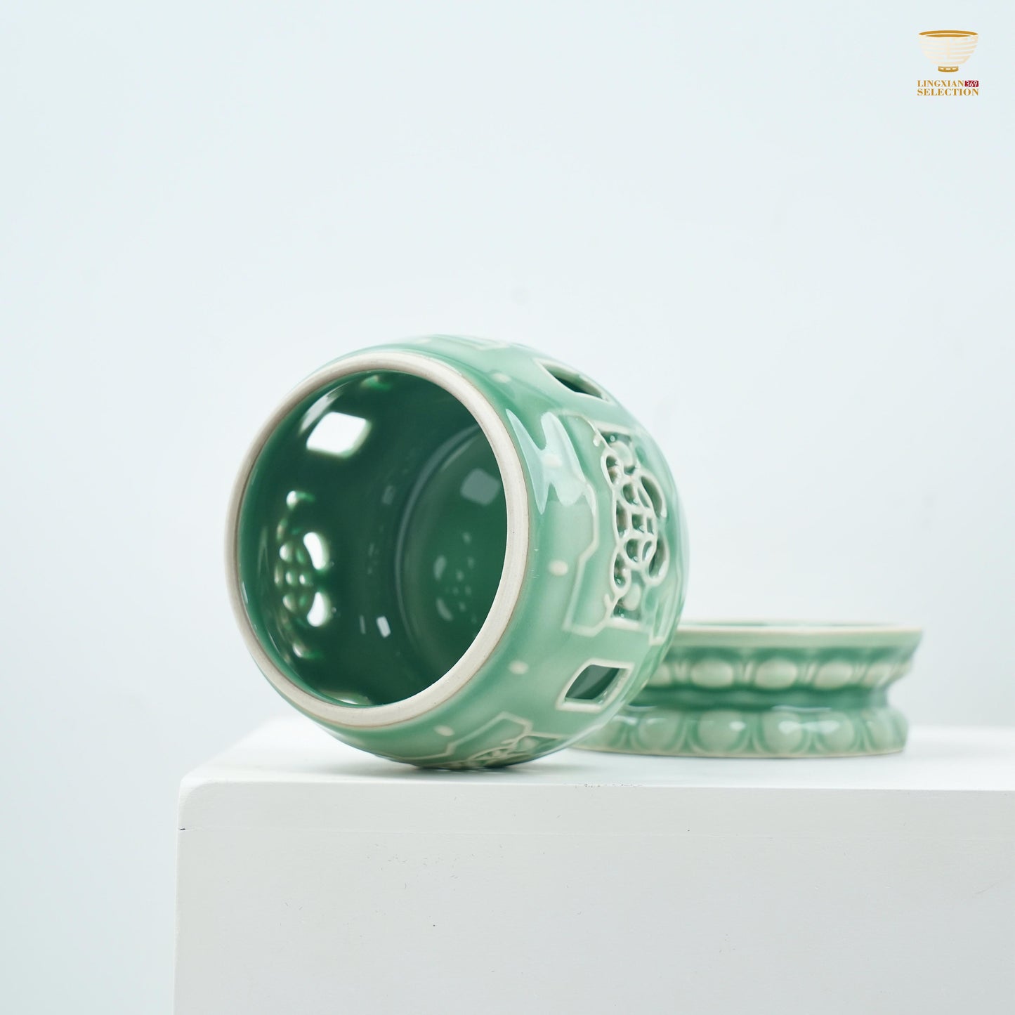 【Celadon Incense Burner From Lei Huixian】Celadon Hollowed Tea Stove Base | Handcrafted Pierced Lotus Design | Chinese Gongfu Tea Warmer Stand or Incense Holder