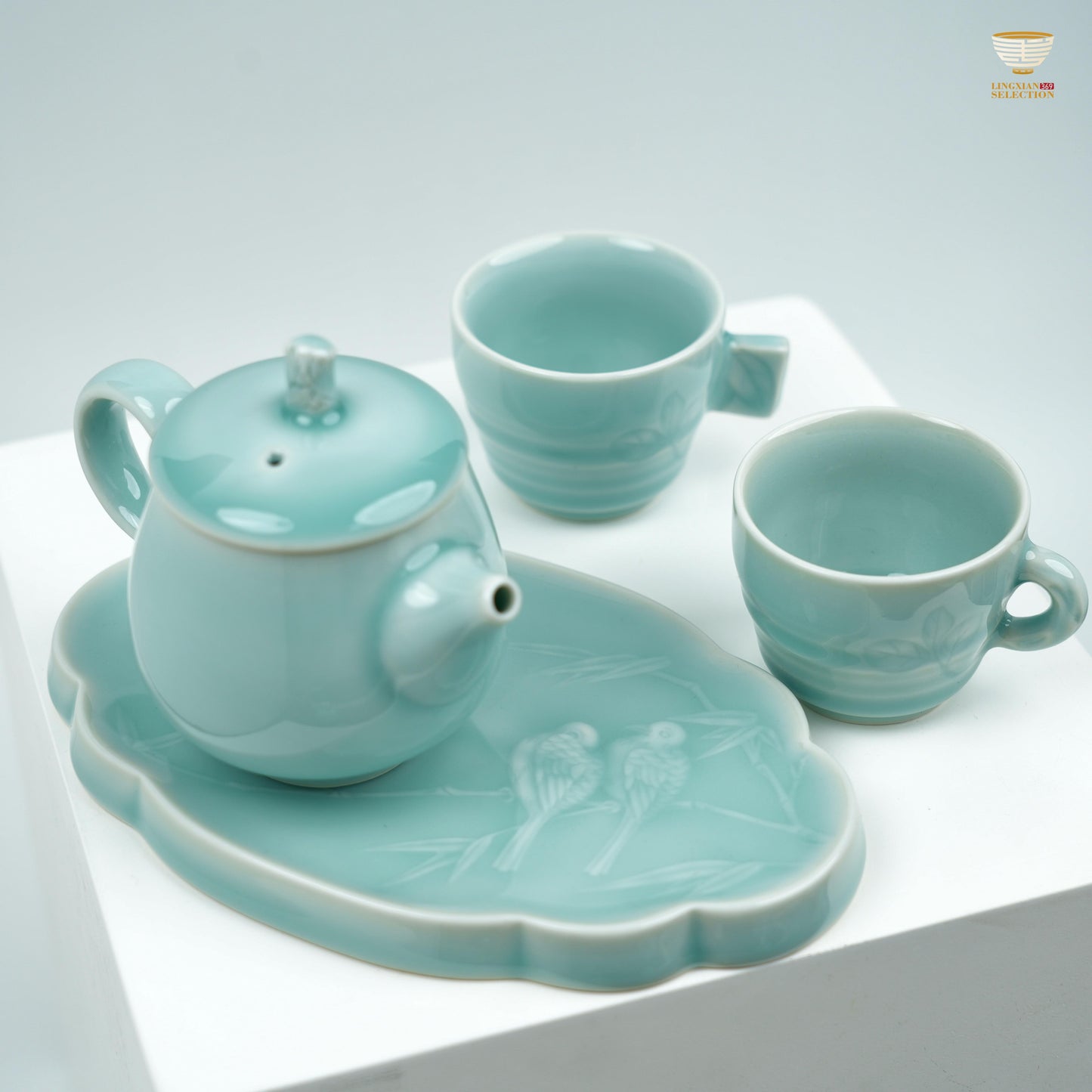 【Premium Celadon landscape Tea Set From Lei Huixian】 – Handcrafted Floral Engraved Teapot & Cups with Lotus Tray | Master Design Collectible Teaware for Gifting