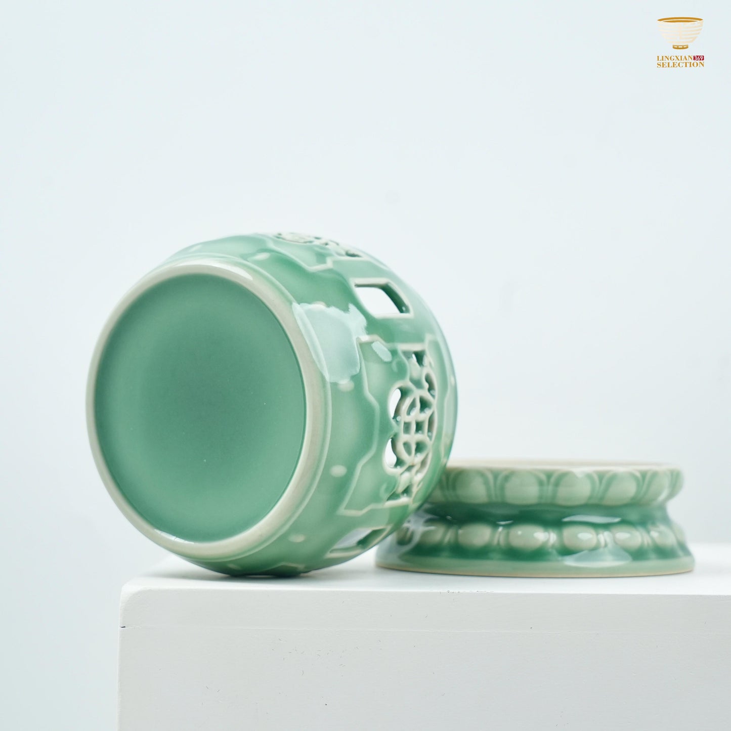【Celadon Incense Burner From Lei Huixian】Celadon Hollowed Tea Stove Base | Handcrafted Pierced Lotus Design | Chinese Gongfu Tea Warmer Stand or Incense Holder