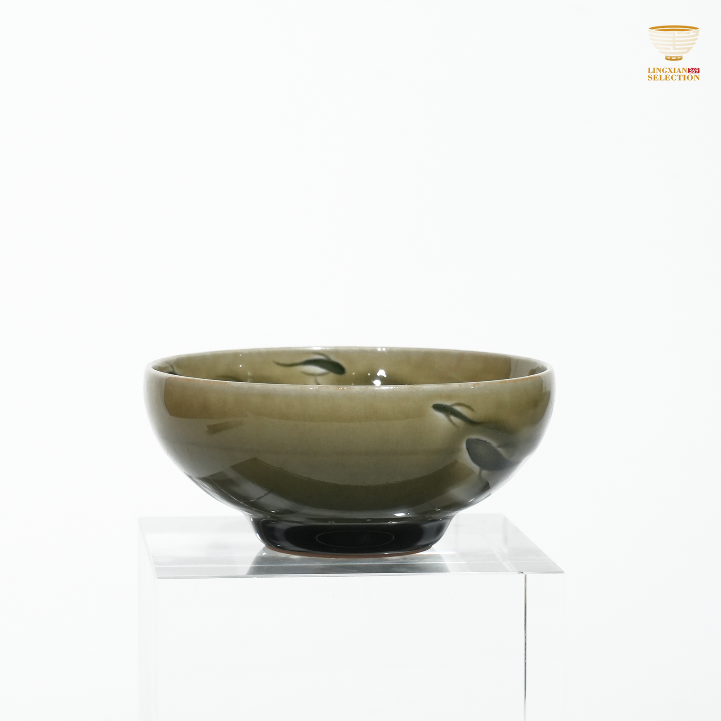 Longquan Celadon by Liao Xinliang Big Fish & Begonia Old Plum-Green Tea Cup & Meerschaum Tray Masterpiece of Craftsmanship & Tea Aesthetic Collection Drinkware