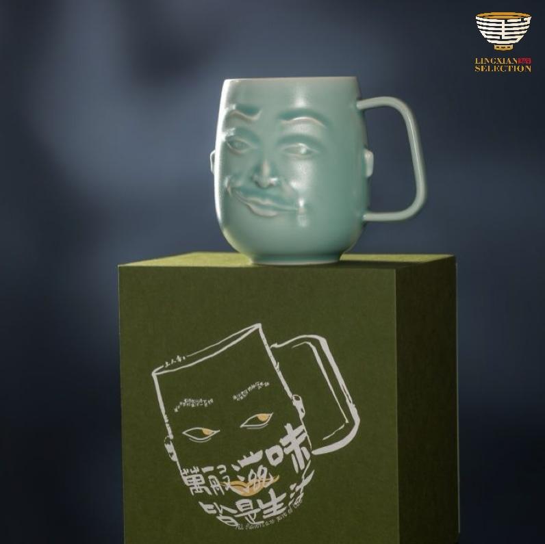 【LINGXIAN Selection 3D Face Relief Ceramic Mug by Tu Renzhai】 – Creative Expression Cup with Humorous Character Design, Unique Gift Boxed Tea/Coffee Cup for Home & Office
