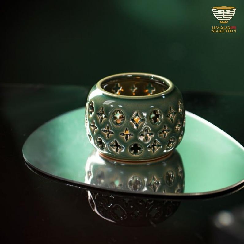 【LINGXIAN Selection Handmade Embossed Ceramic Candle Holder without Candles by Tu Renzhai】– Hollow-Carved Aromatherapy Tealight Cup for Zen Ambiance & Home Aesthetic Decor