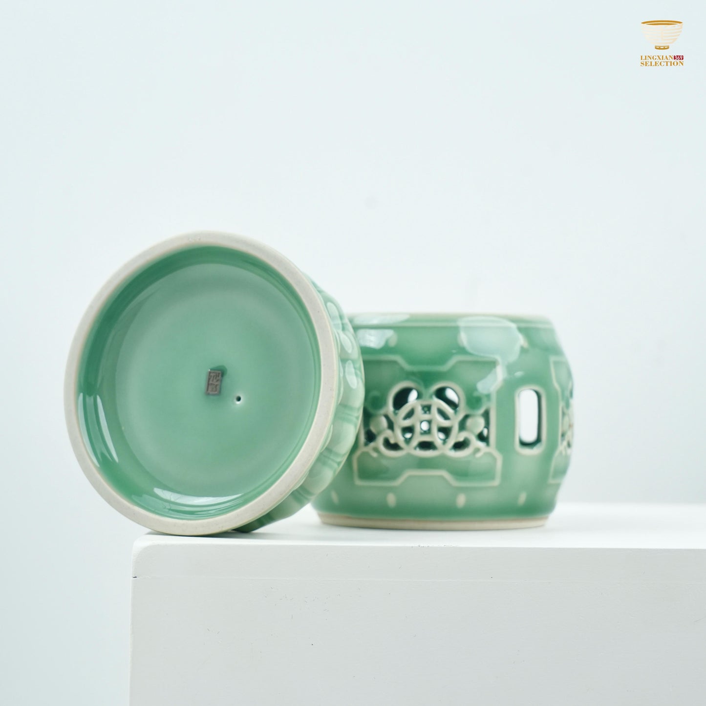 【Celadon Incense Burner From Lei Huixian】Celadon Hollowed Tea Stove Base | Handcrafted Pierced Lotus Design | Chinese Gongfu Tea Warmer Stand or Incense Holder