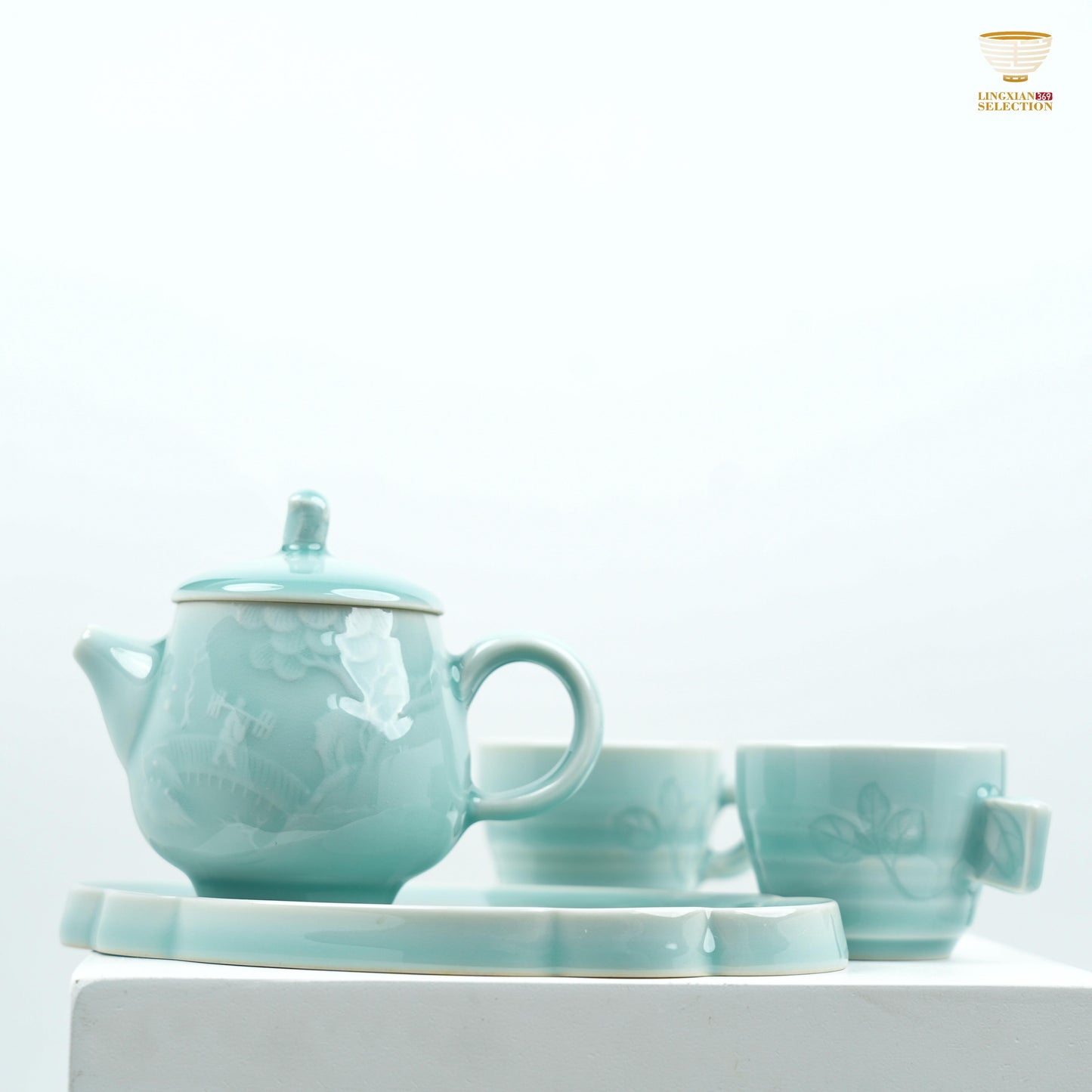 【Premium Celadon landscape Tea Set From Lei Huixian】 – Handcrafted Floral Engraved Teapot & Cups with Lotus Tray | Master Design Collectible Teaware for Gifting
