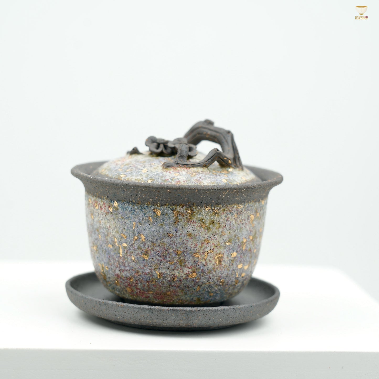 Gaoyue Aged Rock-Mineral Glaze Plum Blossom Gaiwan | Handcrafted Ceramic Teaware | Zen-Inspired Three-Piece Tea Bowl Set