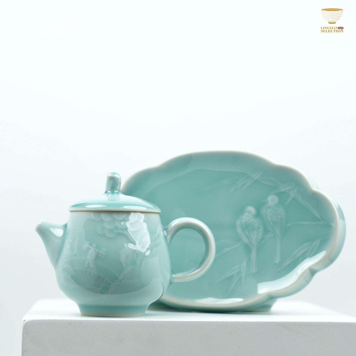 【Premium Celadon landscape Tea Set From Lei Huixian】 – Handcrafted Floral Engraved Teapot & Cups with Lotus Tray | Master Design Collectible Teaware for Gifting