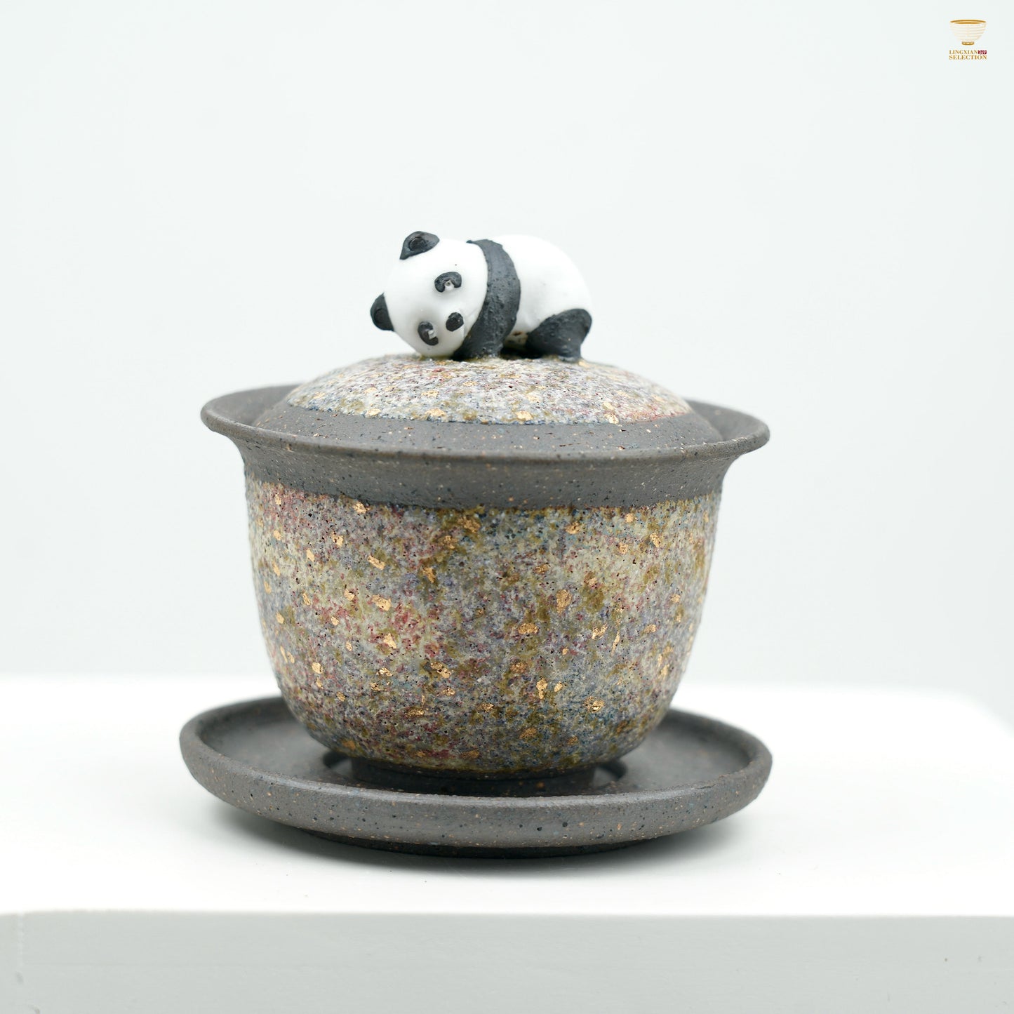 Gaoyue Aged Rock-Mineral Glaze Panda Gaiwan | Handcrafted Ceramic Teaware | Three-Piece Tea Bowl with Playful Panda Lid