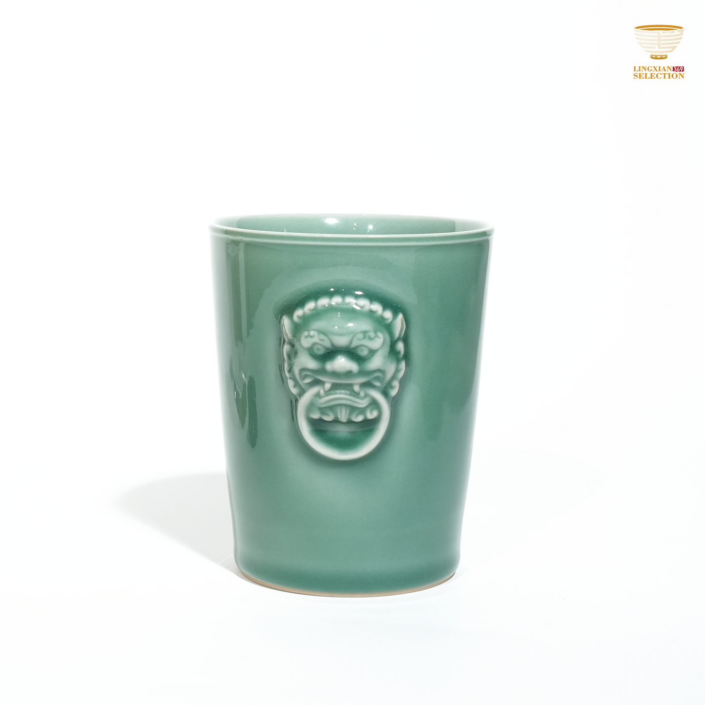 Liao Xinliang "Auspicious Wishes" Cola Cup | Handmade Celadon with Embossed Lion Motif | Chinese Symbolism Artistic Teaware