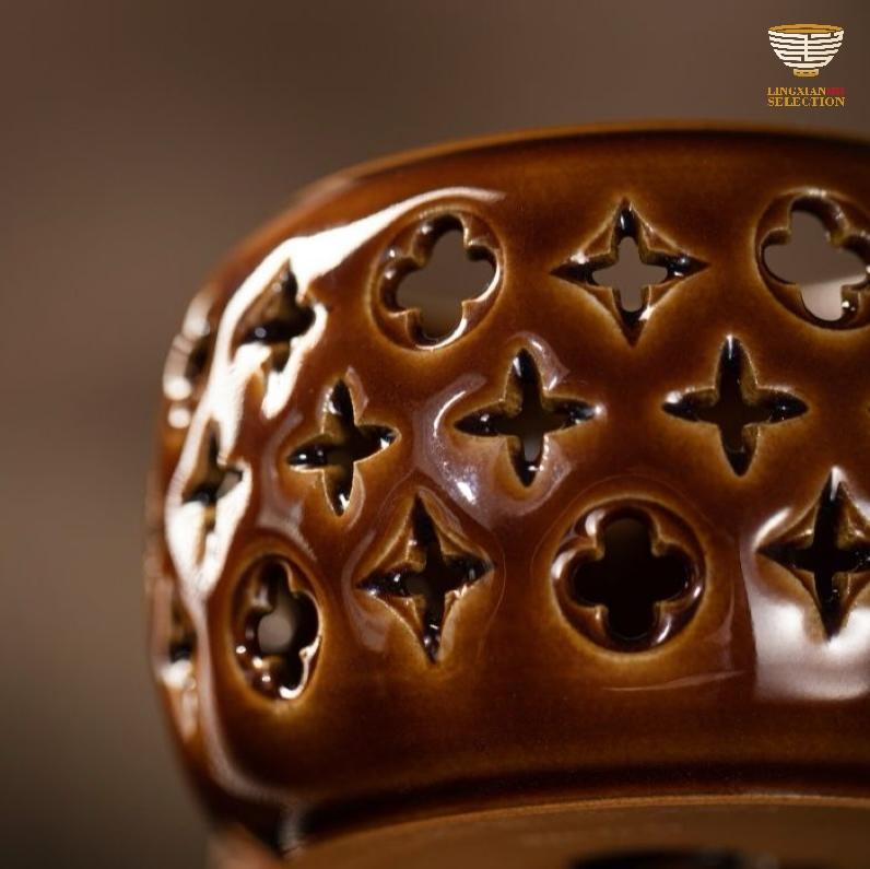 【LINGXIAN Selection Handmade Embossed Ceramic Candle Holder without Candles by Tu Renzhai】– Hollow-Carved Aromatherapy Tealight Cup for Zen Ambiance & Home Aesthetic Decor