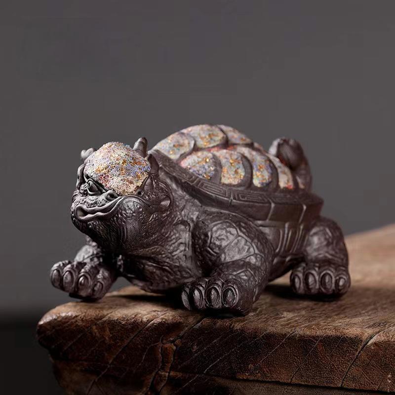 Handcrafted Aged Rock-Mineral Dragon Turtle Tea Pet|Rock Mineral Finish|Feng Shui Wealth & Protection Decor|Gongfu Tea Table Ornament