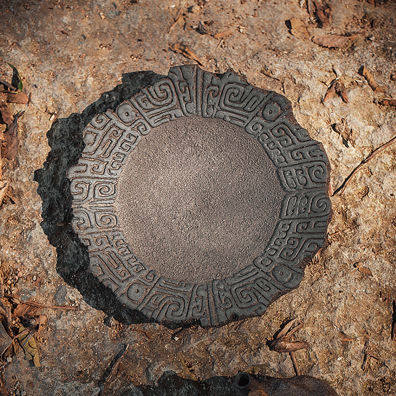 Jingdezhen Rustic Ceramic Tea Tray with Taotie Motif – Water-Storing Gongfu Tea Plate, Traditional Chinese Gift