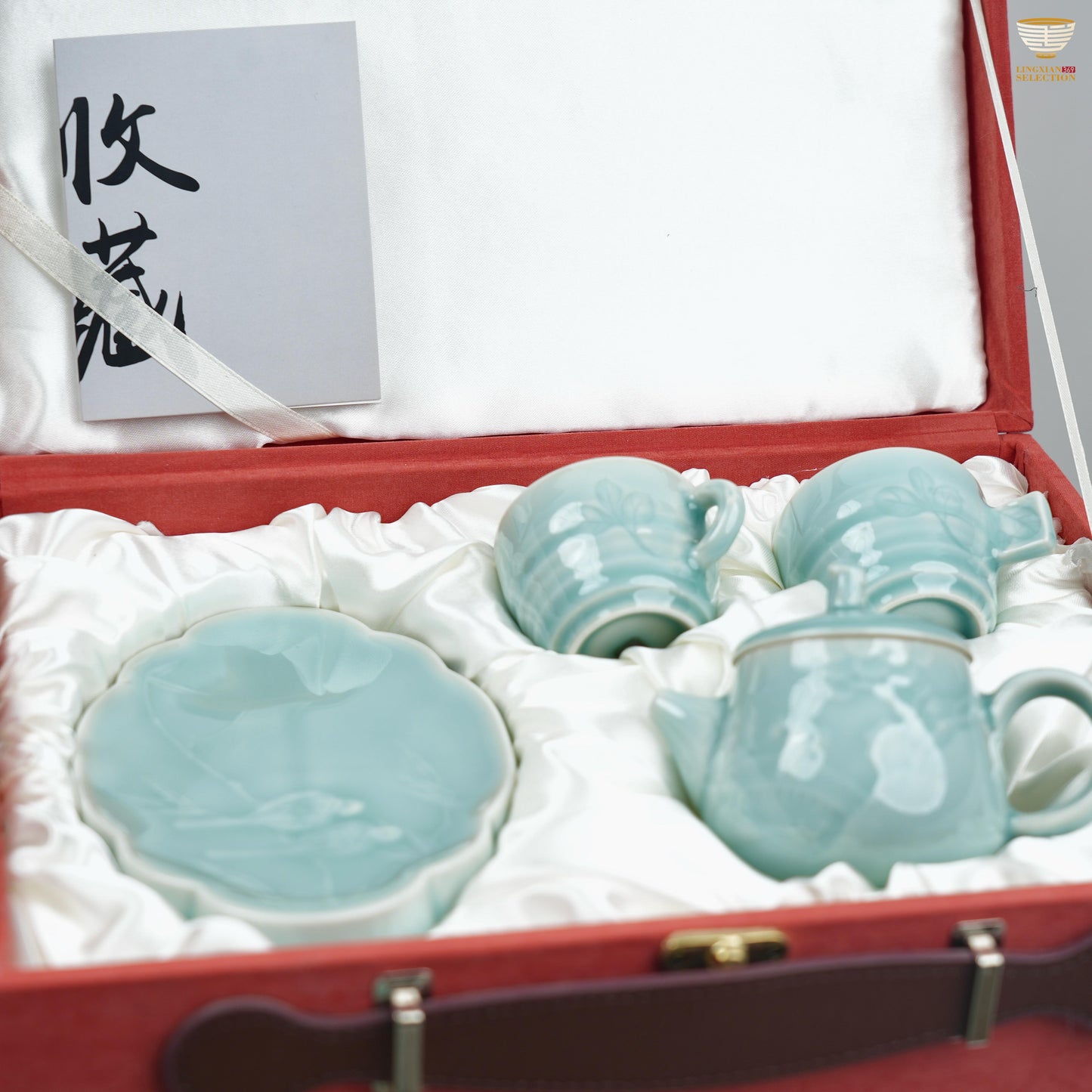 【Premium Celadon landscape Tea Set From Lei Huixian】 – Handcrafted Floral Engraved Teapot & Cups with Lotus Tray | Master Design Collectible Teaware for Gifting