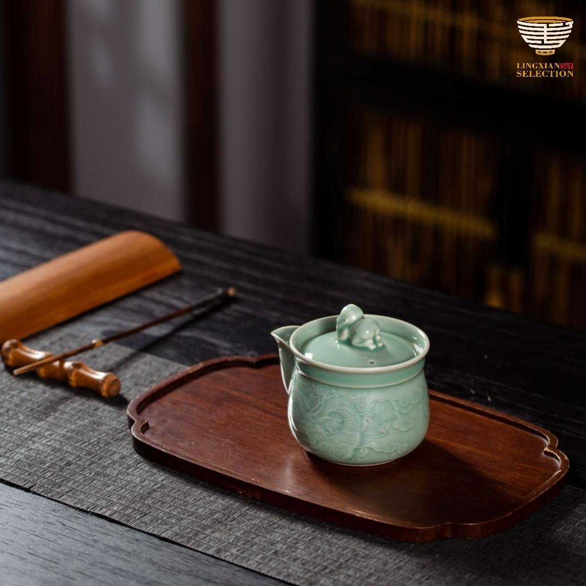 "Hope for Son to Succeed" Celadon Quick Pot | Tu Renzhai Celadon Fair Cup with Dragon Motif | Oriental Gift of Blessings | Handmade Chinese Ceramic