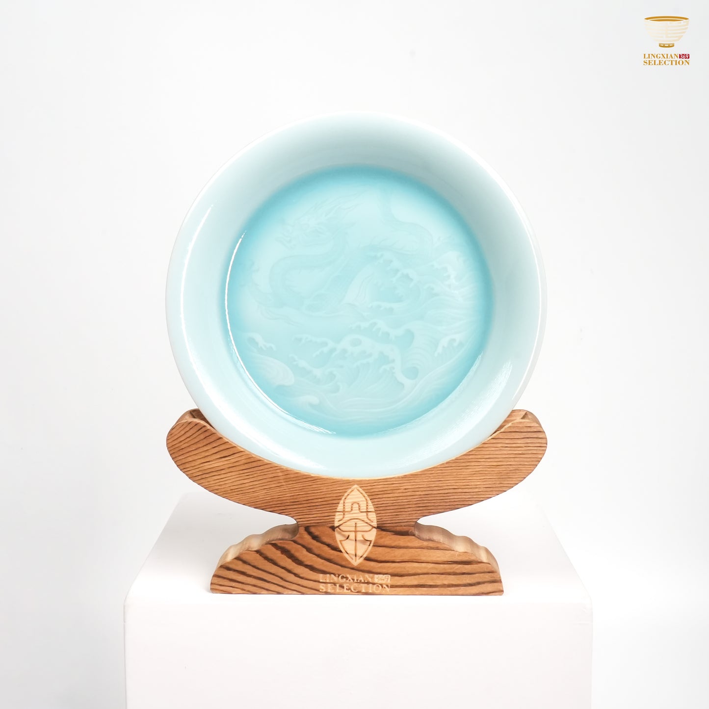 Jin Hongyang · Celadon Pink Blue Dragon, Soaring Crane & Auspicious Cloud Teapot Saucer|High-Temperature Firing · Embossed Relief Motif · Artisan Handcrafted · Elegant Gifting Choice