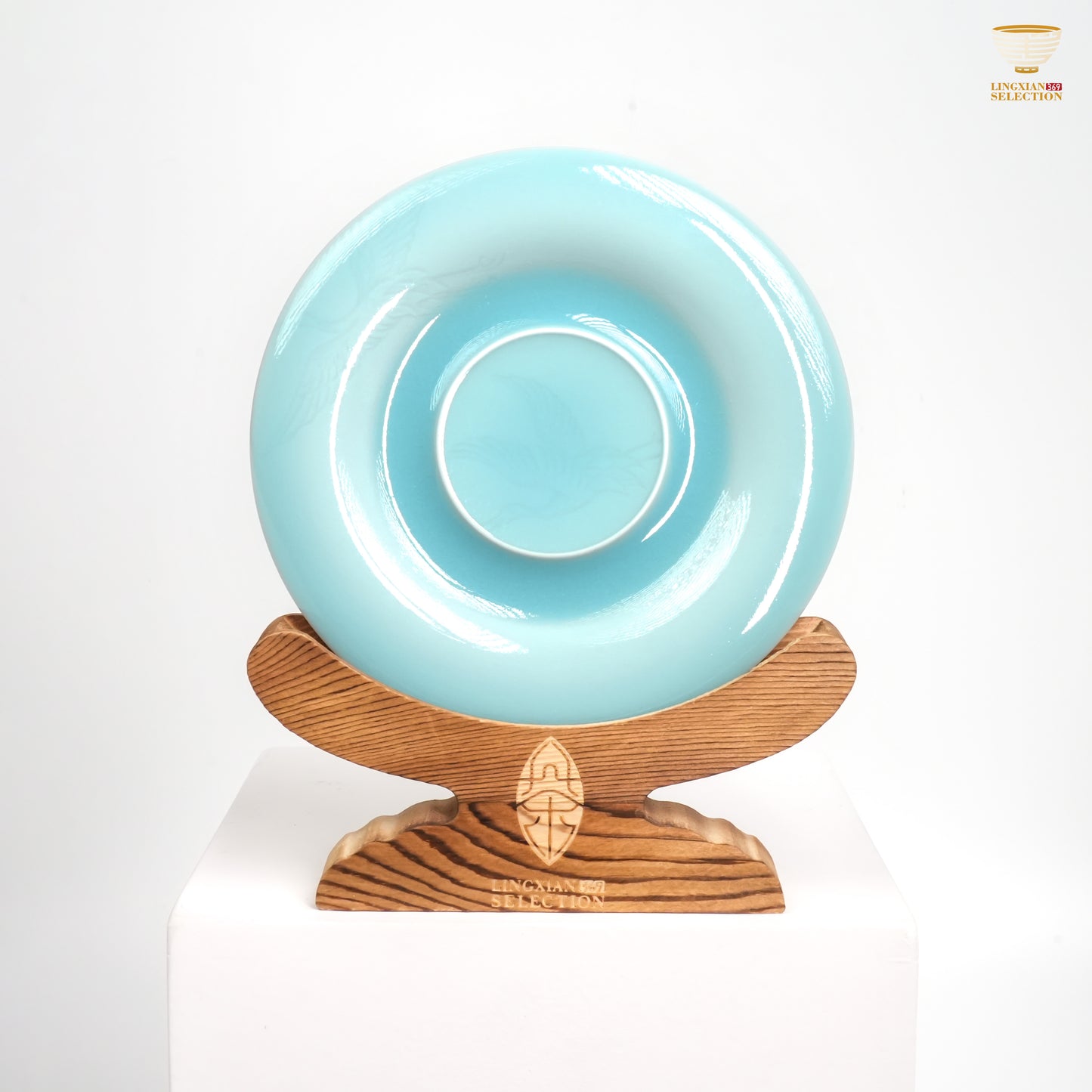 Jin Hongyang · Celadon Pink Blue Dragon, Soaring Crane & Auspicious Cloud Teapot Saucer|High-Temperature Firing · Embossed Relief Motif · Artisan Handcrafted · Elegant Gifting Choice