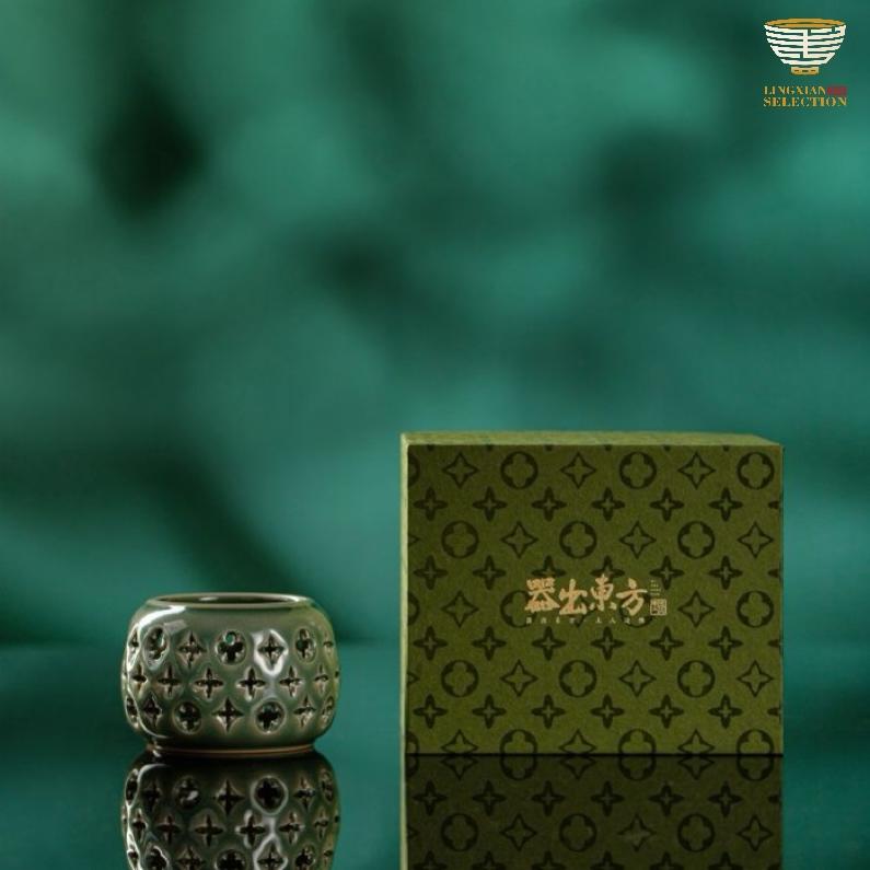 【LINGXIAN Selection Handmade Embossed Ceramic Candle Holder without Candles by Tu Renzhai】– Hollow-Carved Aromatherapy Tealight Cup for Zen Ambiance & Home Aesthetic Decor