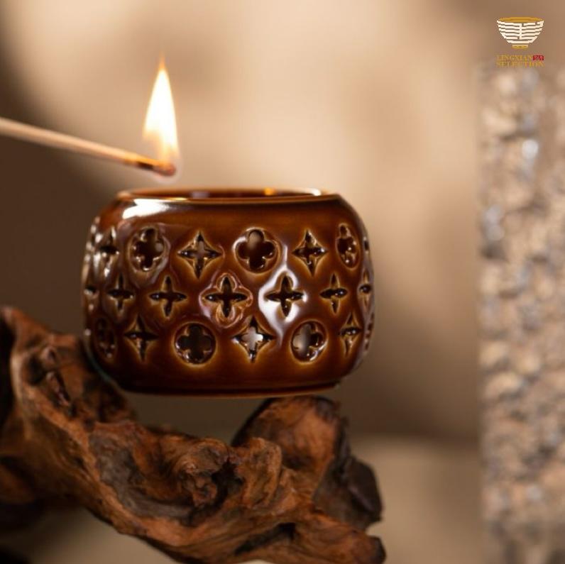【LINGXIAN Selection Handmade Embossed Ceramic Candle Holder without Candles by Tu Renzhai】– Hollow-Carved Aromatherapy Tealight Cup for Zen Ambiance & Home Aesthetic Decor