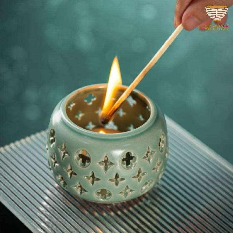 【LINGXIAN Selection Handmade Embossed Ceramic Candle Holder without Candles by Tu Renzhai】– Hollow-Carved Aromatherapy Tealight Cup for Zen Ambiance & Home Aesthetic Decor