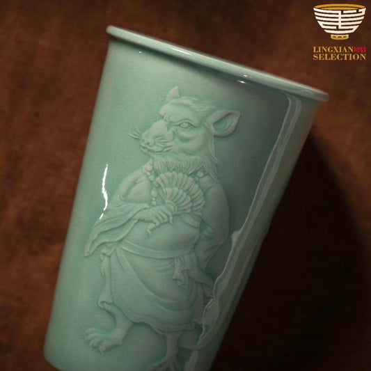 Handcrafted Celadon Zodiac Cup – Tu Renzhai Chinese Jade Glaze Porcelain Tumbler with Glossy Glaze & 12 Animal Designs